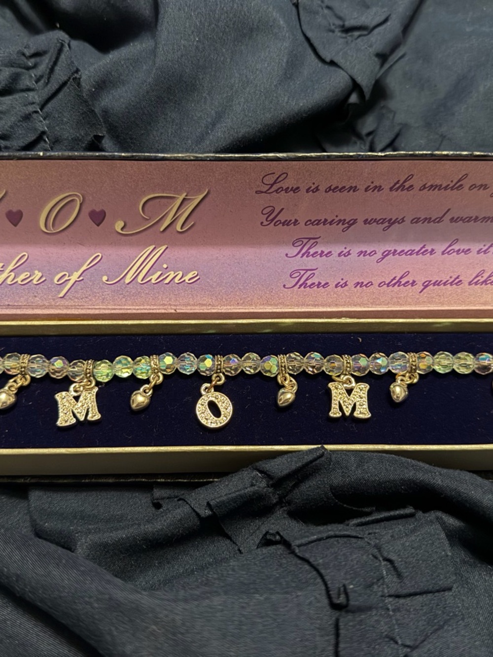Mother MOM Silver Charm Bracelet with Iridescent Beads